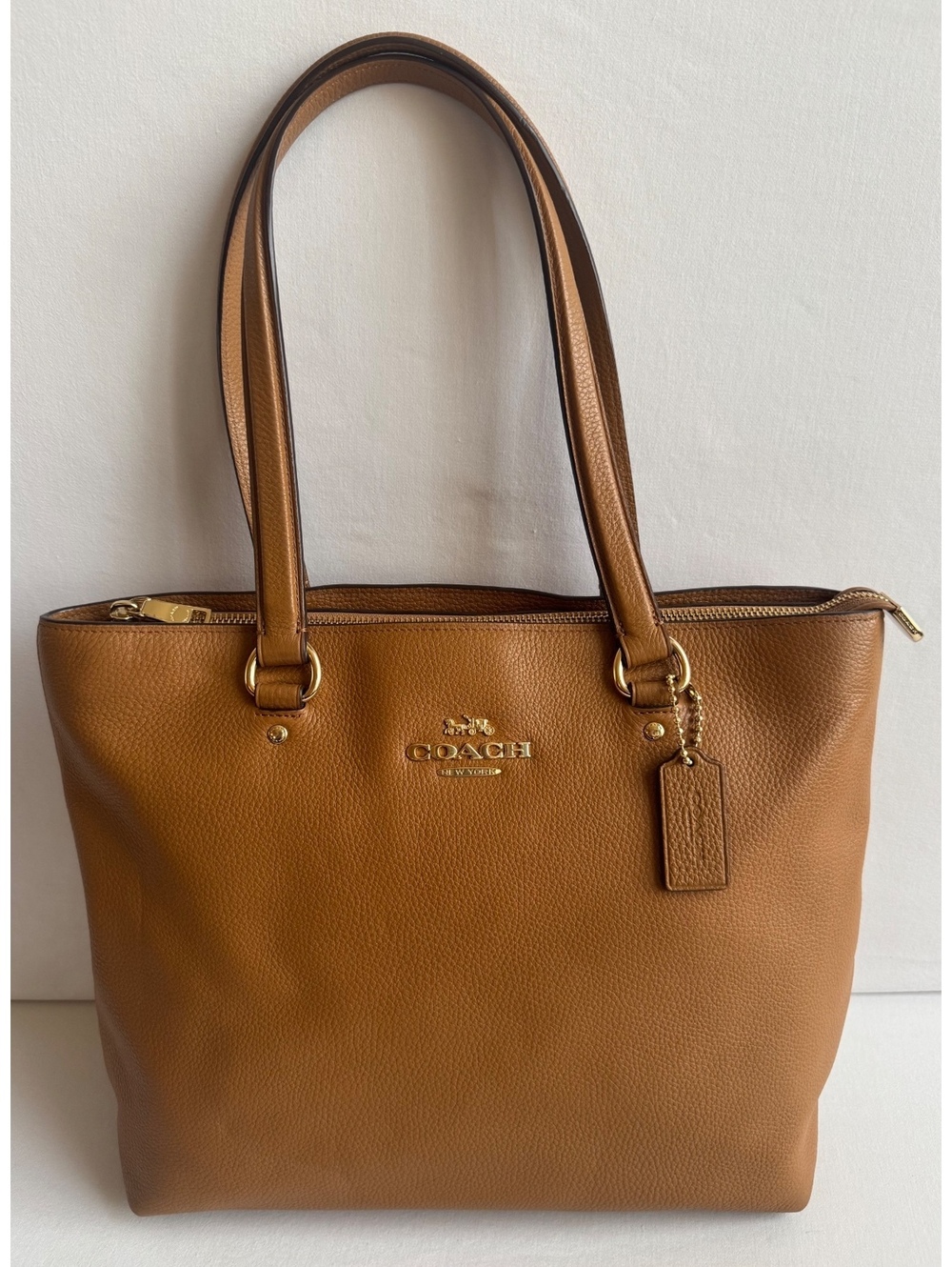 Coach Bay Tote Large Pebbled Leather Tan Saddle Brown Zip Top Shoulder Bag
